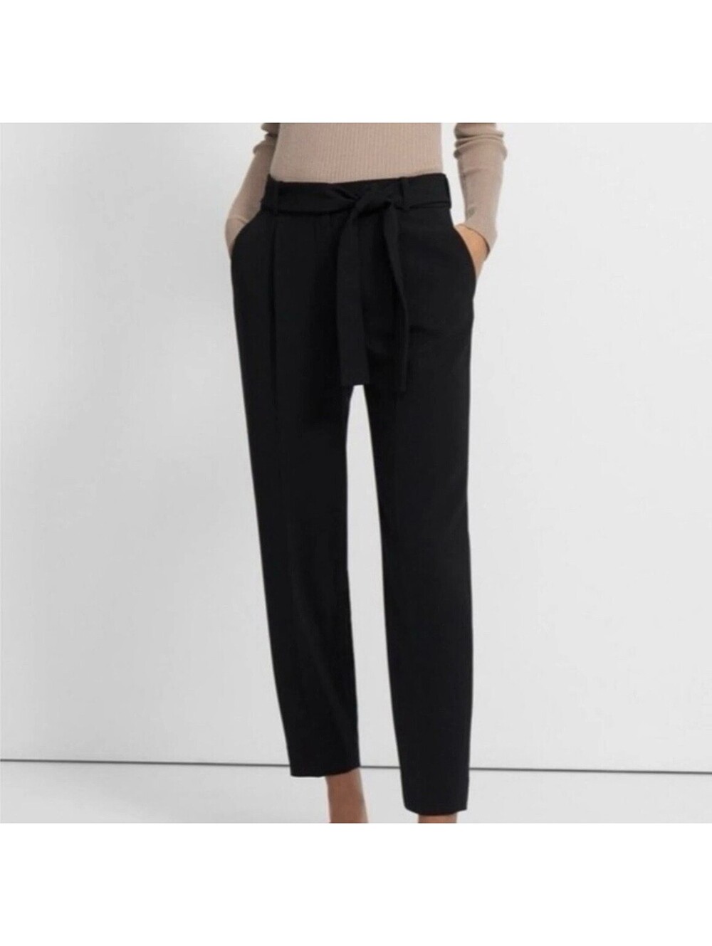 THEORY Women’s Sash Tie Ankle Pant In Black Crepe-Size 0 (No Sash)